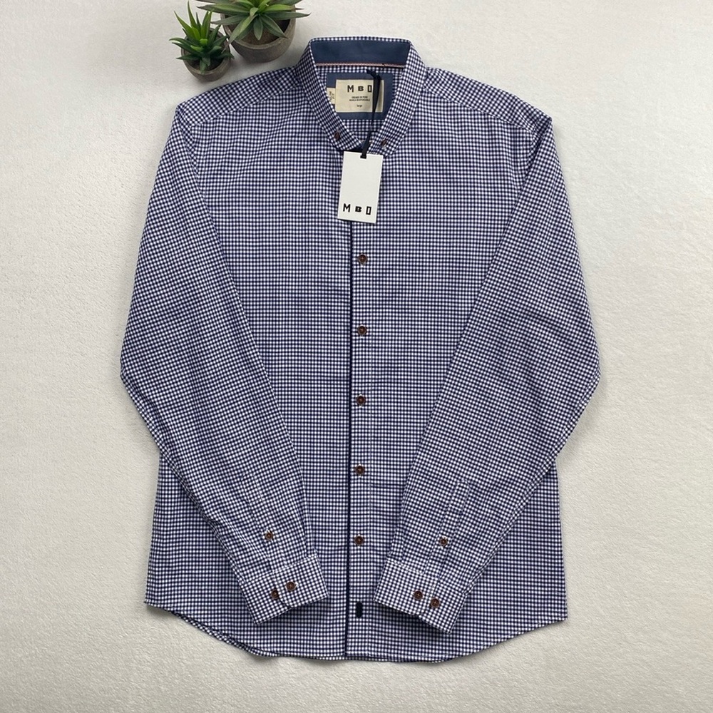 MBO Gingham Checkered Slim Fit Long Sleeve Button Down Shirt (Blue/White) *NWT*